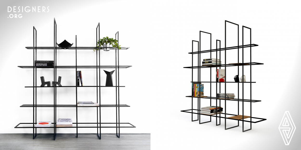 A minimal approach to your household shelf where all the components fit into a single rectangular plank structure. When de frames are assembled the shelf has an inconsistent composition creating an interesting play of graphical lines. The grid is made up of 10 metal frames that can serve as a free standing bookcase or as a room divider. The ‘boards’ have different widths and are open in the middle, allowing them to be suitable for flat objects as well as hangable items. 