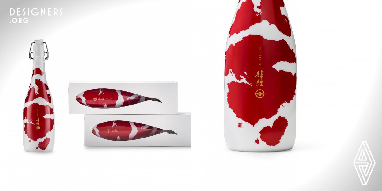 This package is for Japanese Sake, which is called "KOI". Koi is a vividly patterned ornamental carp that represents Japan. Our package expresses the beauty of Koi, the red patterns directly printed on white porcelain bottle which resembles in the shape of carp. By cutting out the outer box in carp silhouette, it visually emphasizes the image of Koi. Japanese brush stroke technique is used on those red patterns. This vivid designed package will not only stand out in the store, but also can be an art piece to decorate your room after you enjoyed the Sake.