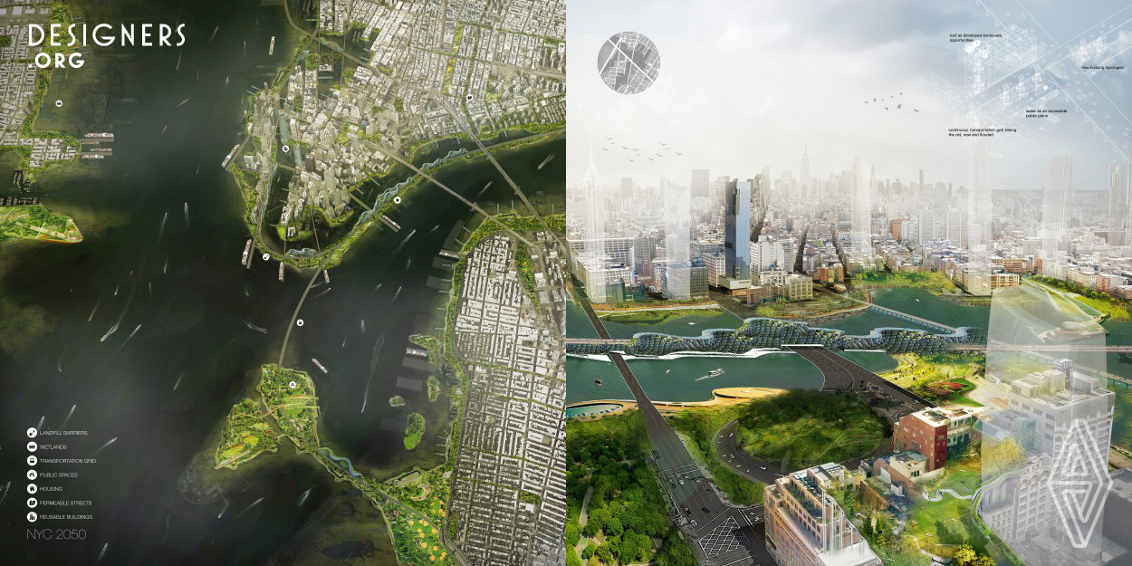 Sea-level rise is a major concern for most coastal cities around the world. Thirty percent of Lower Manhattan is expected to sink below sea level by 2050 while also becoming more vulnerable to storm surges. This masterplan aims to use the flood as a tool to transform the city, redefine the future urban life, and manipulate the city's edge once again as one embraces the imminent threat. In this vision for a future city, the problem becomes the instrument in which changes are implemented; a new territory is created; a new New York is brought to life.