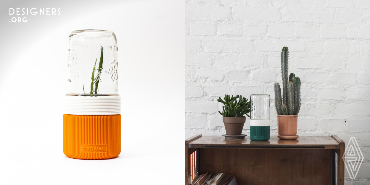 GROWW. came to life from a simple need to easily grow plants in a small loft apartment. The main focus was to design a minimalistic single-plant greenhouse, that would be easily accessible to everyone in the world. It was possible with 3D printing as the production method of the base and popular EU & US jars as the glass top. GROWW is designed to be printed with PLA - a biodegradable thermoplastic derived from renewable resources. To finish the gardening experience add soil, seeds & water, close the jar and watch the plant GROWW.