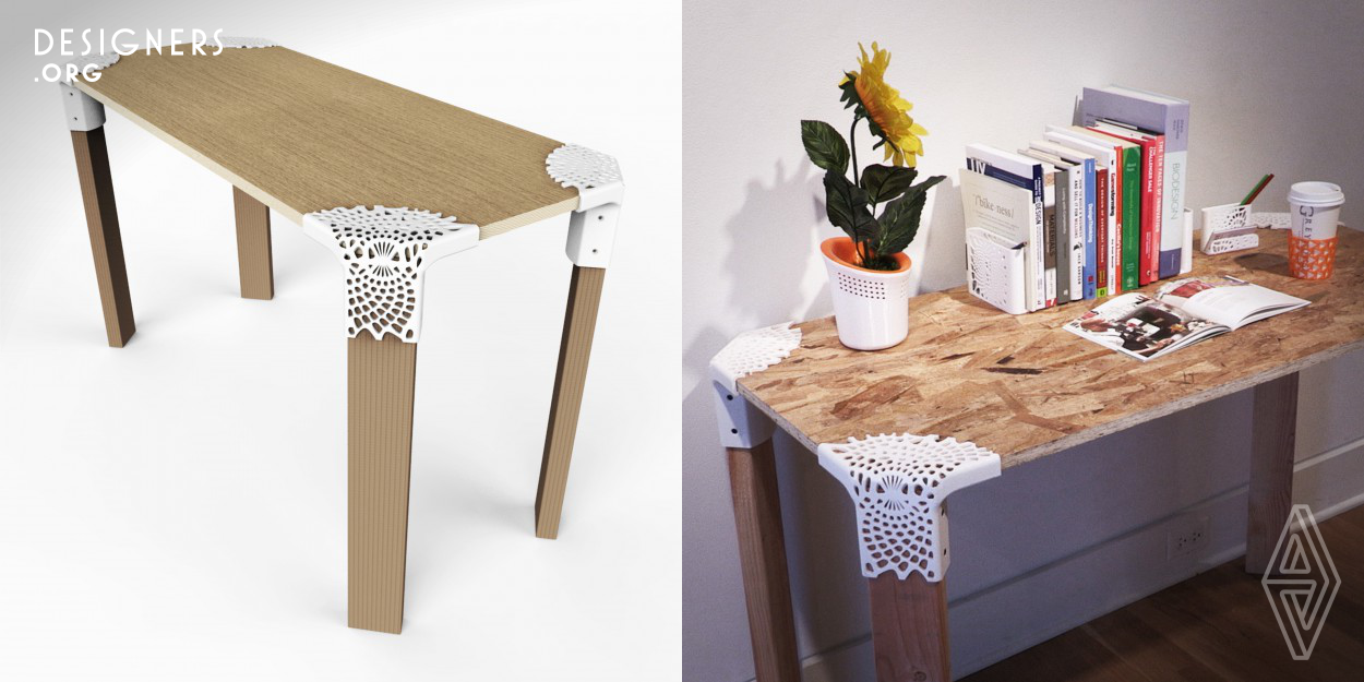 Joint is a corner piece for furniture, created using a 3D printer, providing a simple way to build your own furniture by connecting it to common wood pieces. The Joint is a fully customizable furniture solution for different user needs and home environments, simply buy the size of wood you want  and build any size furniture.