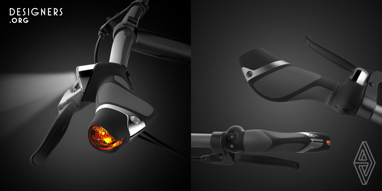 Safira is inspired by the intention of solving messy accessories on the handlebar for modern cyclists. By integrating front lamp and direction indicator into grip design brilliantly achieve the target. Also utilizing the space of hollow handlebar as battery cabin maximize the capacity of electricity. Due to the combination of the grip, bike light, direction indicator and handlebar battery cabin, the SAFIRA becomes the most compact and relevant powerful bike illumination system.