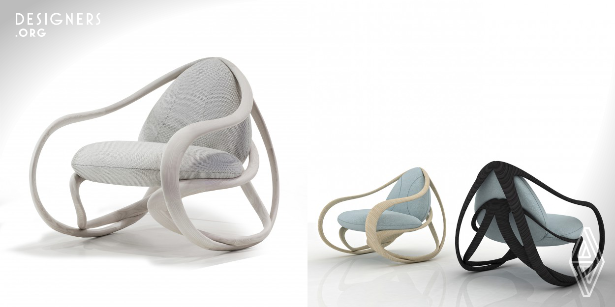 Move is a rocking armchair made by 30 solid pieces of ash wood. It owes its remarkable complexity to a double curved and closed structure. The first structure supports the seat and the backrest, while the second supports both and allows the movement. The connection is in the lower part where the two structures touch each other at their greatest curving point (statically a highly critical point). The lightness of the curved parts and the dynamism give this rocking armchair its unparalleled and unique beauty.