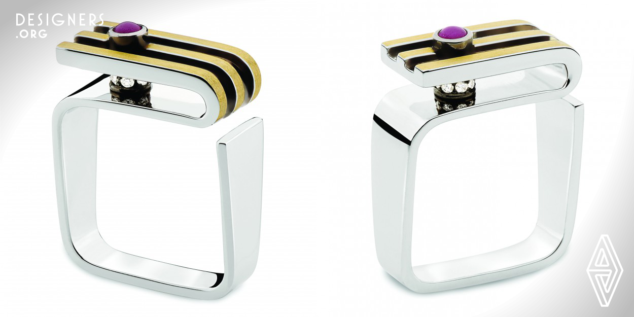 This ring for man was inspired by several meaningful elements for law school graduates. Far from being a traditional college ring, Naja serpent ring is a handmade piece. Manufactured in 18k yellow, white and black gold, with ruby cabouchon and diamonds.With a set of symbols represented by the square, the ring never closes itself, the cabouchon ruby, the movement in the swiveling diamonds, the naja serpent and the straight lines representing life and its pathway.