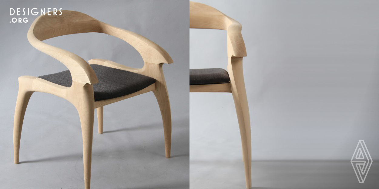 Ispire by antelope horn and base on round-backed armchair. Return to the basic elements of the chair, to simplify structure and using wooden tenon to achieve the strength of cantilever armchair. To combine traditional construction methods with organic elements, so that design(Forward)with craft(Behind)can complement each other. 
