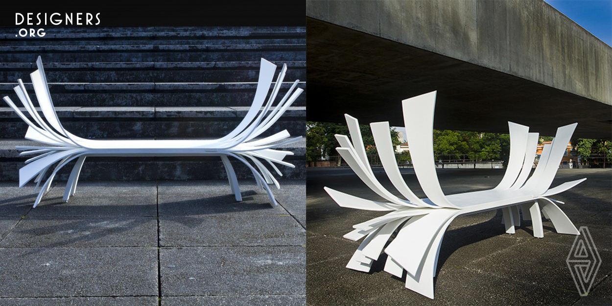The Angel Bench embodies the opulent dichotomy of a handcrafted, sculptured outline and the modern luster of durable, kiln fired acrylic. While the surface appears light, the production process amalgamates a three-layer overlay and a sturdy metal frame. Inspired by the expansive background of a Brazilian countryside, the bench showcases an Angel’s wingspan in full flight. Each unique bench is poised to be a centerpiece within the confines of a residence, gallery or garden.