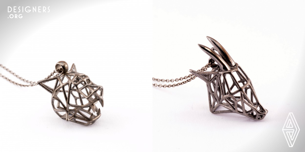 FAID collection is inspired from the list of the endangered animals due to illegal hunting or habitat loss. The trigonometric design refers to a digital format that will accompany us, as a memory in the near future after the extinction of the last populations. The jewelry are 3D printed since it is impossible to be made by hand with such precision in this size, while suggesting the use of technology to protect and restore the environment. The collection's animals are: Sumatran Tiger, Javan Rhino, Western Lowland Gorilla, Saola the Asian Unicorn and Giant Panda. FAID-Five Animals In Danger