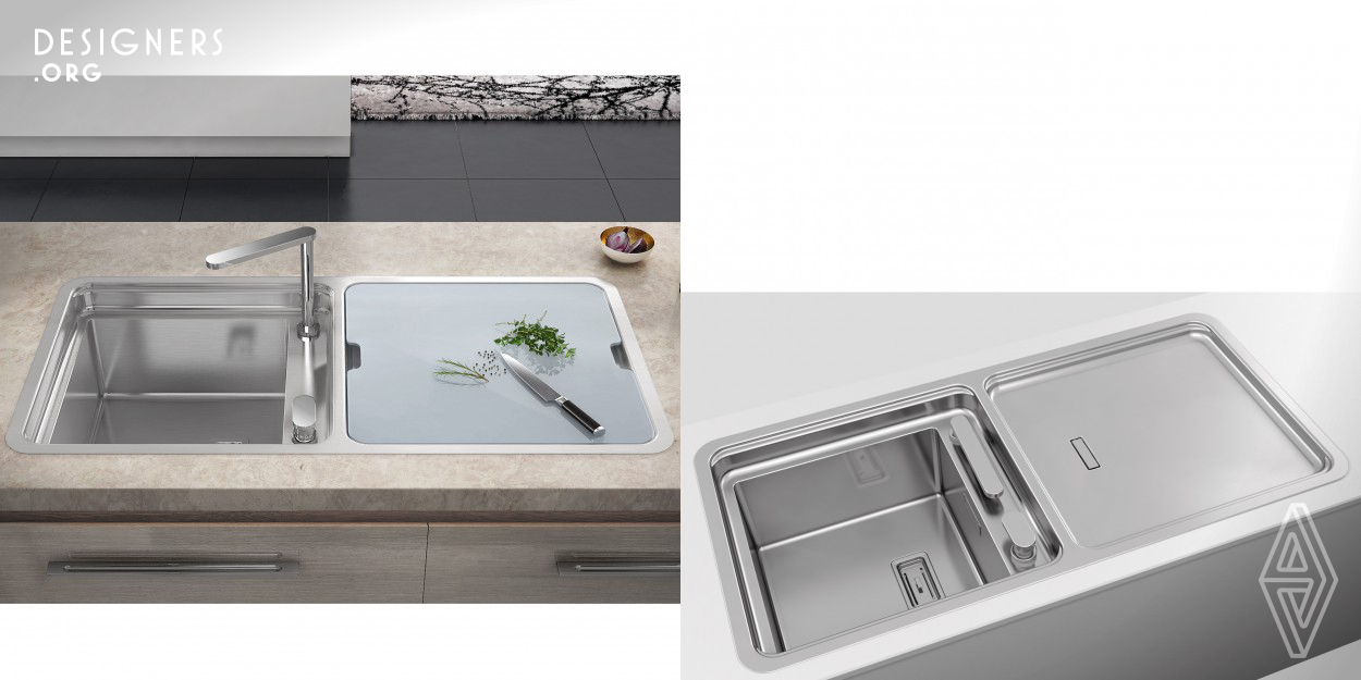 A set of 2 pieces that complement each other: a sink and a glass cover/board. The minimalist sink is complemented with a rectangular valve and a rectangular overflow. We added 50mm in height at the upper zone of the bowl to increase the working area and conceal the tap. The bowl and drainer have a 10mm edge to sustain several kitchen accessories or to lay the cover/board - made of silver tempered glass. The versatility of the sink is enhanced by allowing the cover/board to be applied on top of the bowl or on top of the drainer – you can use it to cover the sink or as a chopping board.