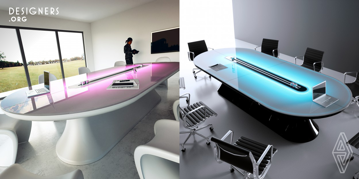 Info table is a meeting table with organic shape and a backlit worktop. The integrated power track is equipped with fittings for power cables, USB plugs and many multimedia connectors. A business meeting in a space characterized by a multicoloured light it's more enjoyable and relaxing. Info table would open the doors to new experiences of living interiors by enriching the work spaces with a vision according to which the design can improve human life, amplifying the range of sensory experiences and able to transform situations normally stressful and boring in concentration and relax.