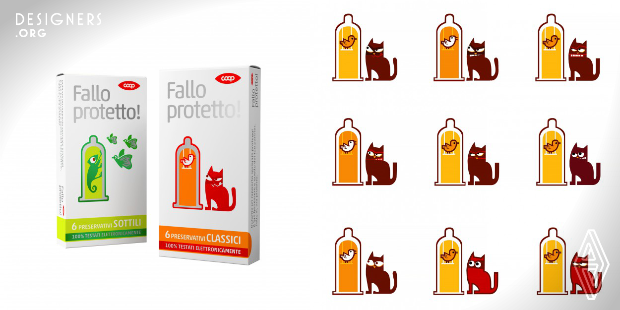 As everyone knows, one of the things that drives the world forward can also be a source of trouble: if you have sex, there is a risk that you will catch a disease. That’s why the name is Fallo protetto! which is “do it but in a safe way”. In italian fallo protetto has a double meaning: is the second-person singular, present tense imperative of the verb fare (to do or to make), but it is also a noun, deriving from the Latin phallus, the erect male organ. The packaging design was conceived to underline the idea of protection.