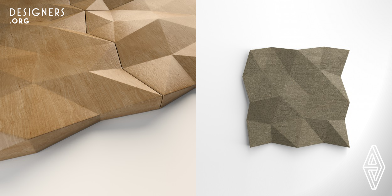 Polee is a polygonal shaped design for interior wall tiling. Different from standard tiling shapes it has triangular endings which fit with its polygonal design and hide/minimize the tiling lines/borders. The shape can be used with any material in accordance with any interior elements/design. The continuous flow of polygons gives an aesthetic look to modern interiors.