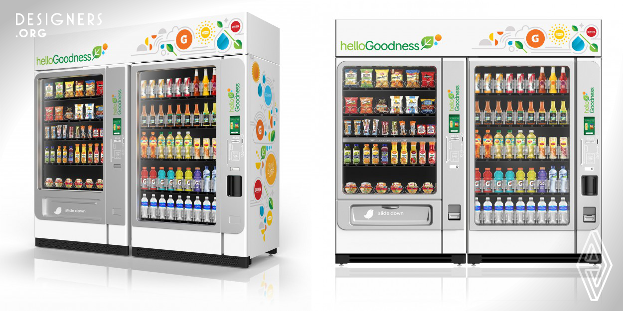 Known as HelloGoodness, two side-by-side vending units coexist: one dispenses our better-for-you beverages and the other our better-for-you snacks. The design simplifies the vending experience by providing a clean surface with a framing element that visually ties the glass areas between the two units. Consumers want more choices for what they eat and drink on the go, and HelloGoodness offers a fresh interpretation of the traditional vending experience by helping to provide the choices they want.