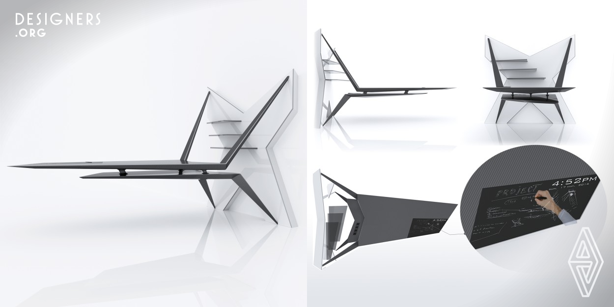 Arrow office table is an dynamic and technological product. He consist of 2 parts which seemed to hang in the air and creates a dynamic effect. Carbon fiber emphasizes high-tech and novelty. All construction is light and strong. Touch pad on surface will be very comfortable for users to make quick notes straight on the table. Glass shelves and metal chamfers gives subtlety and ease to the design. Table attached to the wall and all fastening is covered by x-type plastic panel which brings interest to all product. Simple and light shapes is very harmonic with materials and total concept.