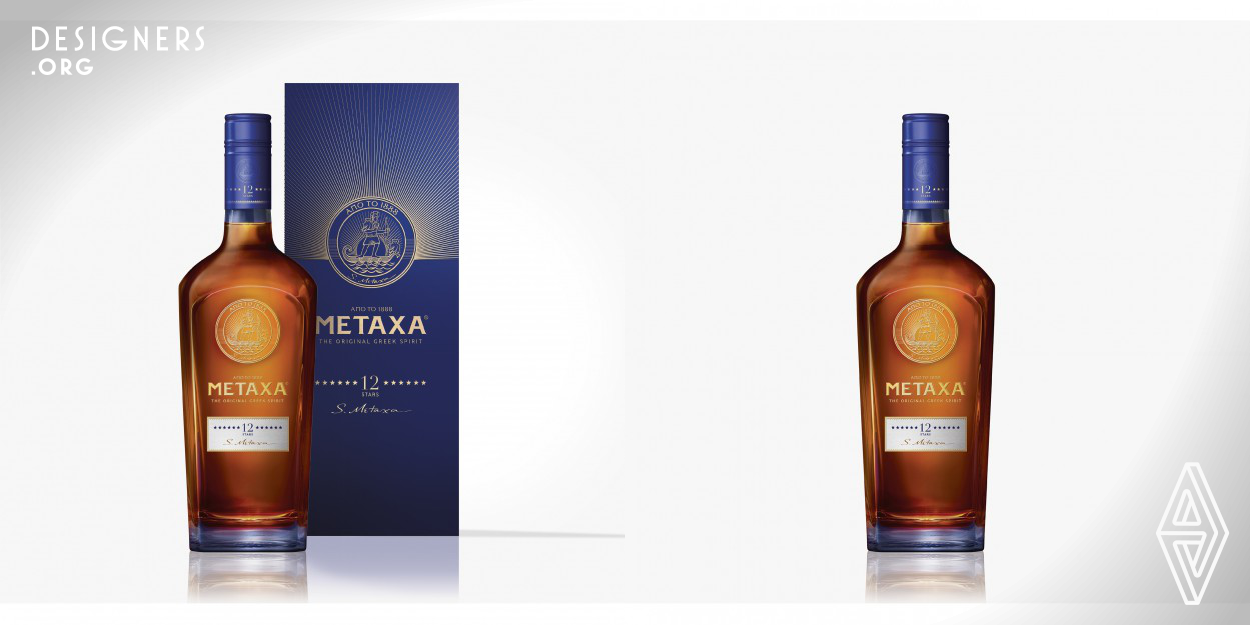 This Packaging design concept aims to convey premiumness and distinctiveness to make METAXA 12 Stars stand out in the premium amber spirit category. This new packaging has been created to convey 3 key messages: -Embody sensoriality by exclusively using materials that will convey the idea of sensoriality inherent to our concept. -Reinforce the feeling of premiumness by giving a distinct role to the Salamina Warrior and reinforce it as the emblem of the House and as a quality seal. -Enhance the Heritage of METAXA by integrating ‘1888’ in the signature 