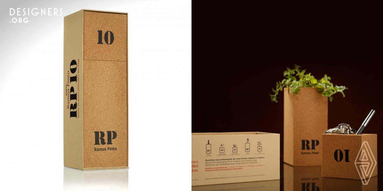 Casa Ramos Pinto, which has been combining innovation with tradition in the production of wine Ports since 1880, has surprised the market by launching this multi-functional packaging, created and produced by the Portuguese advertising agency Omdesign, for its iconic RP 10YO. This is highly innovative with two cork blocks and an outer sleeve of pressed cardboard that unites the two parts. It may be used afterwards for multiple purposes, for example as a cooler, somewhere to keep your pocket contents, pen holder, jar or even a flower vase.