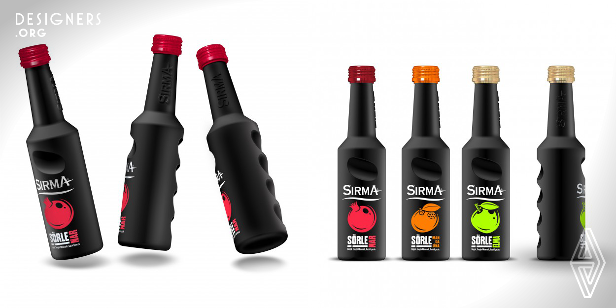 Sirma Schorle is a mix of sparkling water and intense fruit juice. Differentiating, ergonomics and stylish look were combined for Sirma Schorle bottle. Finger shaped holding details, which no other competitors have, were added to design. Black color was preferred to strengthen cool tone of the bottle. For graphics, screen printing was preferred instead of labels, so production costs were decreased. By using luminescent fruit illustrations, visual appeal was increased and intense fruit taste was referred.