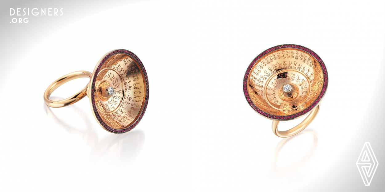  This ring was inspired by a bowl decorated with charms and prayers, which has been used by Ottoman Sultans. Within the bowl it has written 99 different names of God refers the numbers, letters and symbols. Sultans believed that, drinking water from this bowl would help them to find healing. The ring is made of 14K Gold, diamond and ruby. The person whose this ring belongs to always will be healthy and protected. The part between the bowl and the ring refers the imperial standard of the Ottoman Empire. 
