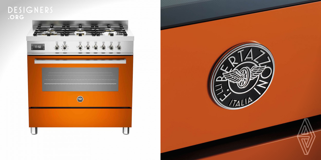 The Bertazzoni's cooker Pro 90 brings the authentic experience of Italian cooking to the heart of your home. Its distinctive and elegant design and its technical refinements have been carefully designed and engineered to serve the needs and skills of the serious cook. The vibrant and eye-catching Orange color is the buttonhole, expressing the Italian vitality, and it has been applied with the same processes developed for the world-beating Italian sports cars. 