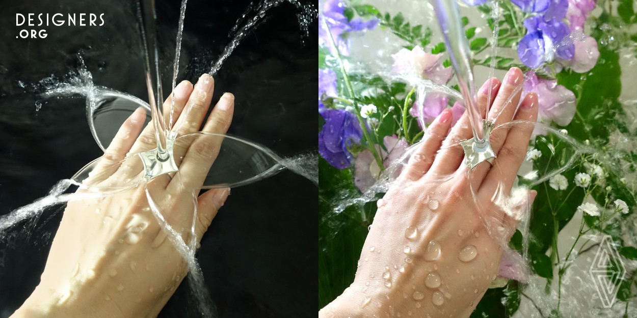 Fountain Ring is a sliver accessory created by 3D design and jewelry craftsmanship. When running water hits Butterfly ring, an elegant water membrane appears on the back of the hand. When water is poured into Spider ring, long streams of water fly into all directions. Fountain ring can be used anywhere and at any time. While a user washes his or her hands, draws a bath or plays in the pool, he or she can enjoy his or her own fountain. Fountain ring remind users of the importance of water in a modern, charming and sustainable way.