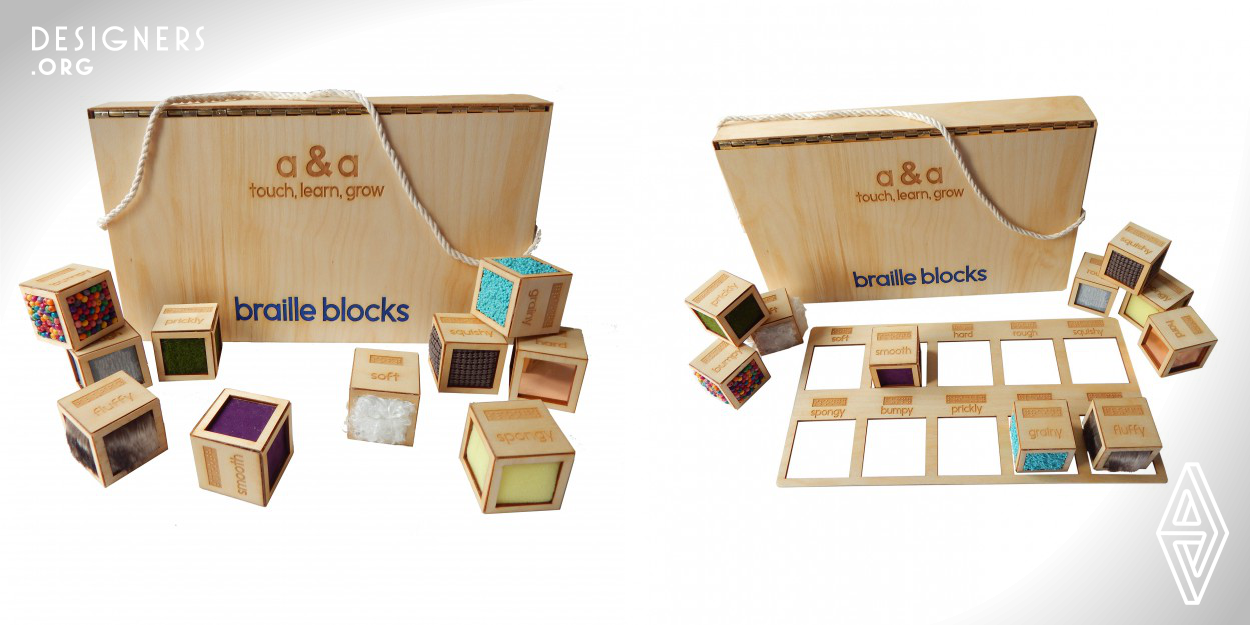 Braille blocks is a children’s toy that allows blind or visually impaired toddlers to understand what surfaces and textures correspond with certain words. Each braille block set comes with 10 wooden blocks, each covered in a unique texture. The word used to describe the texture is written in braille & in print on the top of each block. The set comes with a wooden box for storage in addition to a removable, interactive wood mat for matching. Toddlers will be able to interact with everyday textures and learn how to identify them. 