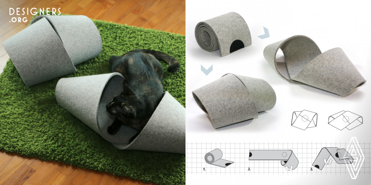 petcozy is a compact geometrically shaped playground for pets in the modern home. Perfect for cats and small dogs to play around and take a rest in. petcozy's simple, but clever design allows it to be formed flexibly to fit the unique personality of each pet. By varying the amount of twist, petcozy can become an enclosed space or transform into an open-top bed. petcozy is made from quality industrial wool felt. The soft yet rugged texture is fun for furry animals to interact with and the material is sturdy enough to withstand lots of scratching and biting. 