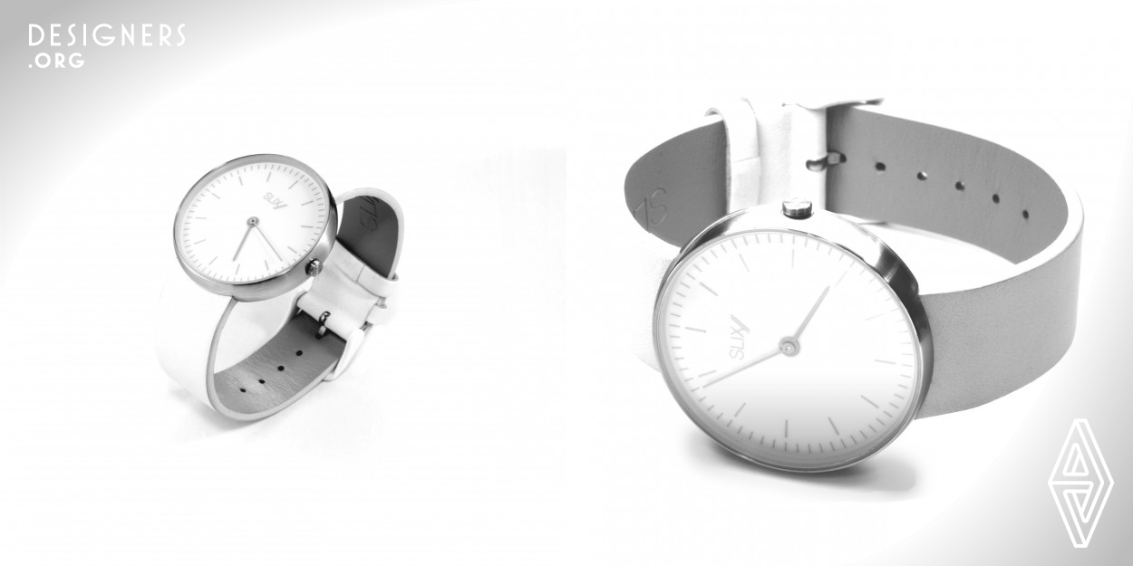 The watch were designed to be minimalistic, yet elegant and respect the tradition of watches with its simple hands, marks and rounded shape, while pushing the boundaries with the use of colour and a suggestive brand name. Attention was paid to the materials and properties as well as design, as the end customer today wants it all - good design, good price and quality materials. The watches comprise of sapphire crystal glass, stainless steel for the case, quartz movement made by a swiss company Ronda, 50m water resistance and a coloured leather strap to finish it off.