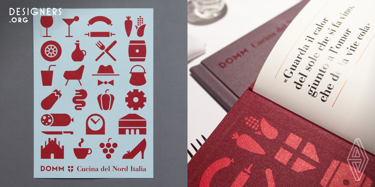 DOMM is a restaurant in Zurich that offers traditional cuisine from northern Italy. Our client asked for a modern visual image that referenced traditional aspects. We created a pictogram system which incorporates not only the cuisine of northern Italy, but also classic designs and objects from the worlds of fashion, sports, and architecture. The art design style of the past century was the basis of the pictograms’ strict geometrical patterns which were designed using only a few elements.