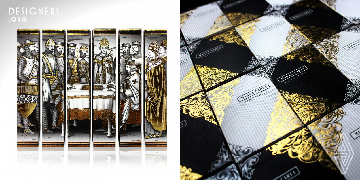 This limited edition card set commemorates the 800th anniversary of the Magna Carta featuring a black and white deck series framed around the tension between Royals and Rebels. By designing the story within an interactive design system, the series creates an engaging and personalized packaging experience that allows the user to feel a sense of ownership over the design and own a piece of momentous history. Gold foils and embossing run throughout the series to entice users to interact and re-purpose the packaging as product itself. 