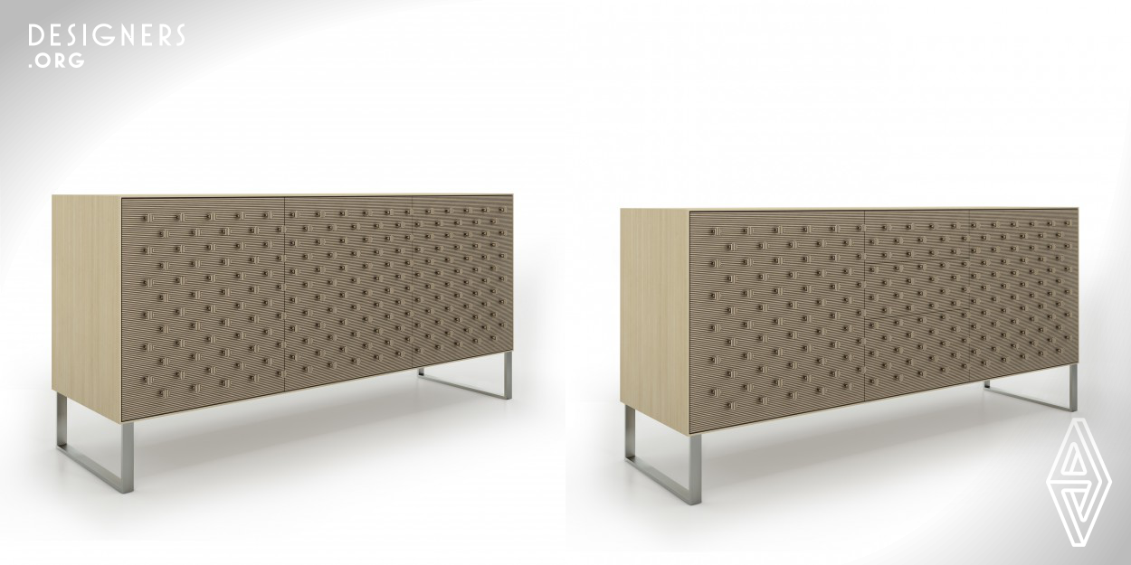 Pomo is a contemporary design sideboard inspired in the conceptual design movement. Characterized by a visual game to hide and show the door knobs and drawers from a subtle geometric style which confers an elegant character. Its hypnotic presence gives an unique personality wherever it is placed. Available only in limited edition.