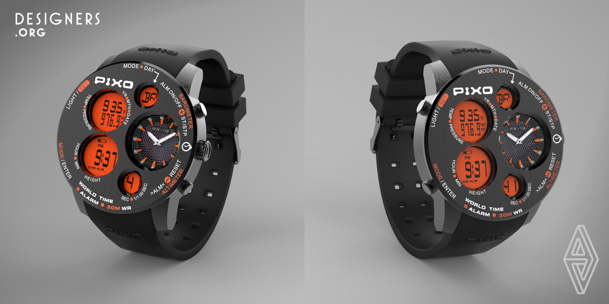 MISSION is a multi-functional watch, which equipped with barometer, altimeter, thermometer, The high-sensitivity miniaturized sensors take accurate measurements of constantly changing natural phenomena, differences in altitude, and atmospheric pressure tendencies, and temperatures in digital format. Other than these function, it also has World time clock, 5 alarms, count-down timer and stopwatch. The case is made of 316L stainless steel, matched with high quality non-allergic silicon rubber strap.