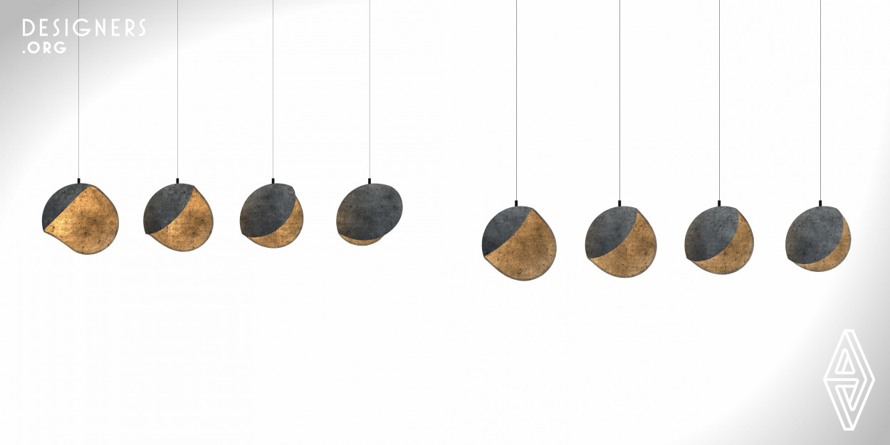 This pendant lamp is inspired by rare phenomenon called Eclipse and aims to show a story when the lamps are located near each other. Eclipse lamp can be used both as a pendant lamp and as a sculpture. The concrete lampshade brings sense of the moon to the home atmosphere. The lampshades are the same in shape and size and to create sense of Eclipse, the lampshades are rotated slightly in each level. 