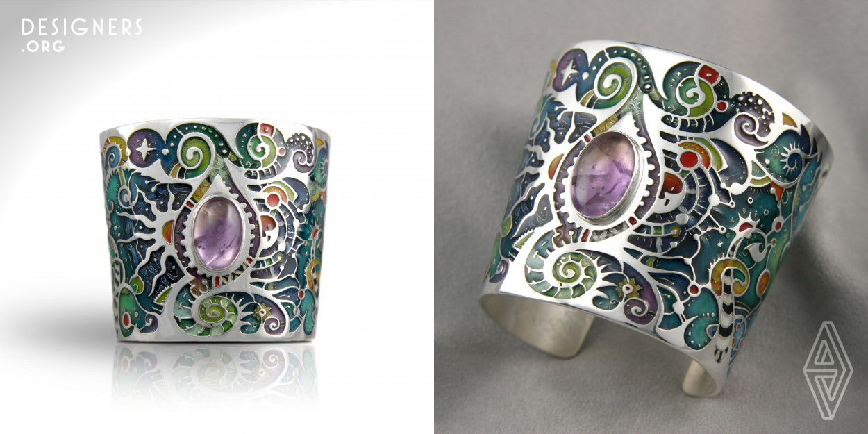 Cuff, Hand-Painted, Resined Champleve. 960 Sterling (PMC). Amethyst Cabochon.   Down the rabbit hole... discover a wonderland-like juxtaposition and interweaving of flowing forms, morphing colors, delving down a hierarchy of dimensions - every gaze discovering yet a new level of fantasia. A representation of mystical symbolism, nature and fantasy, this amulet-like cuff depicts vignettes of the celestial bodies (sun, moon, stars, planets), the elements (water, earth, fire, air), and organic life. 