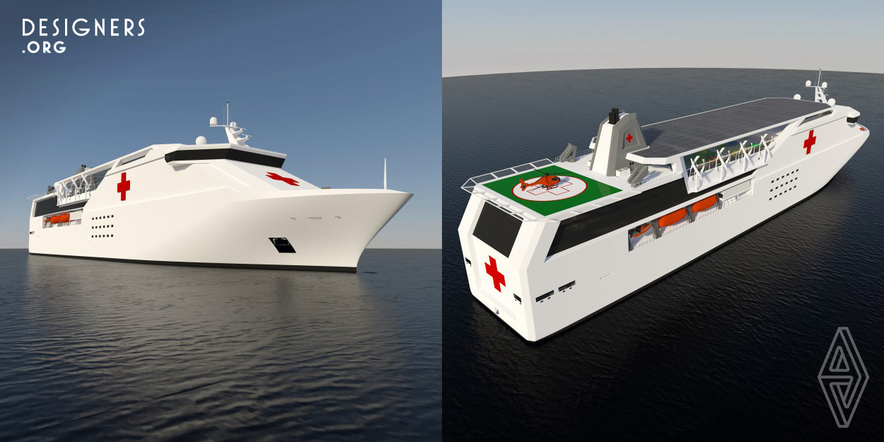 It all started with the tragic moment that the world has experienced in recent times and challenged the designer Luis Felipe Rocco to create a hospital ship with the maximum renewable energy capacity to operate in the most difficult area. Considering that a billion people live in coastal regions, a hospital ship with this capability is a fast and economical way to reach to this area.The Blue Frontiers Ship works with 12 decks, large area of relaxation and conviviality on the top floor and capacity for 500 people working for the benefit of 160 patients.