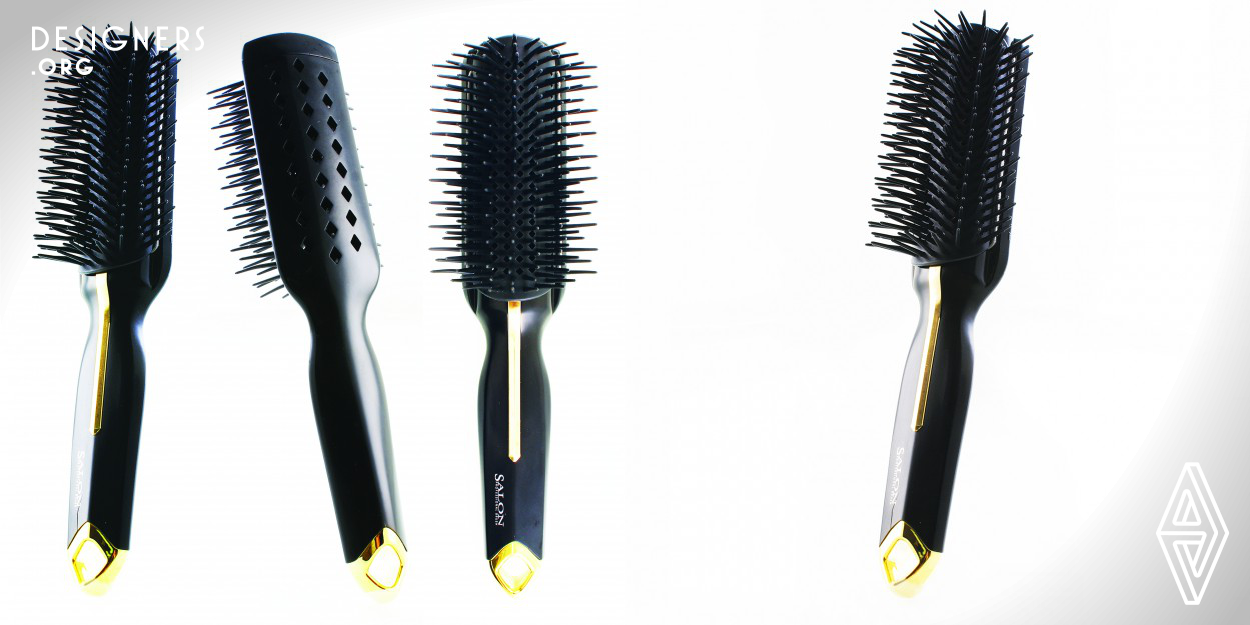 With the innovative electric conduction techniques, A Plus brush comprises conductive resins, the static-removal fiber and the gold plate. The static can be removed completely by a finger-touch to the plate no matter how much static occurs throughout brushing the hair. With the improved techniques, Dennis Fang moves the brush design to the next level. The ergo-designed body with black and gold color combinations bring the luxury and professional instincts to the A+ Brush.
