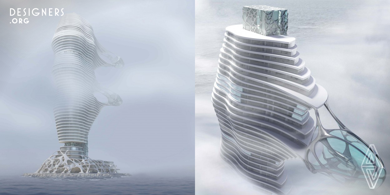 The concept "Wind Tower" represents a kind of skyscraper which is shaped by tsunami and hurricane masses. The building structure itself pays homage to a wind-shaped cloud which is wrapped around a monolithic core. The entire form of the building make sure, that it captures the wind at its highest velocity as it accelerates around the tower. At the apex, where wind speeds at a maximum the two wind turbines are placed.  Realization technology:  3D-sand printed facade patterns with integrated glass fronts, Carbon fiber reinforced polyamide for Down Wind Turbine casing. 