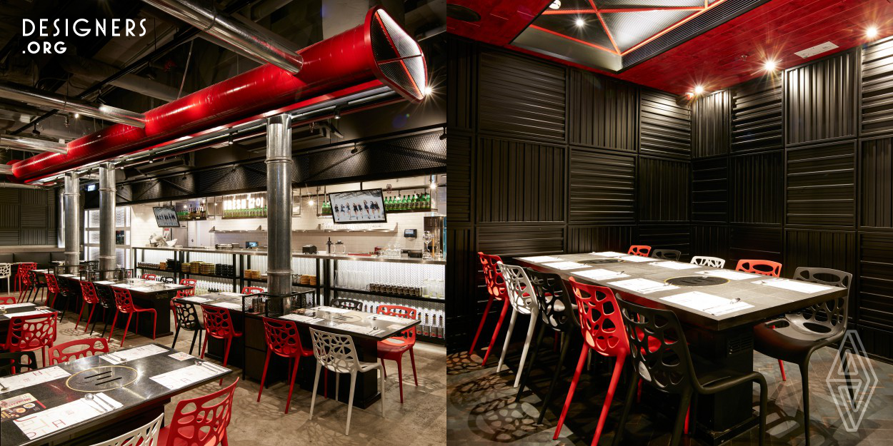 A sophisticated but rustic themed design for a Korean BBQ restaurant. Using a mixture of raw elements and modern furniture to create a unique character for this restaurants design. The main focus was to create an exposure-look, by showing pipes and using concrete materials throughout the interior, almost like a kitchen - which goes well with this self-cooking restaurant. 