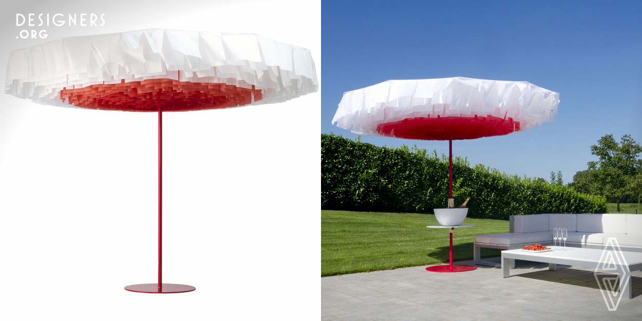 Bloom is inspired by the summer and nature's colourful creations: flowers. Fabric petals create a canopy to relax in the shade and to enjoy the colour splashes above you. The wind makes the petals dance to produce a mesmerizing effect. The Bloom is 300cm wide and has a waterproof canopy, even during rain showers it protects the people sipping their coctails.