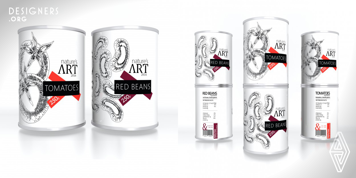 The packaging design composition combines hand drawn illustrations with colors like red and purple. The insertion of these particular colors contrast with the black line illustrations on a white canvas, reflecting the natural origin of the products inside the can. The center of the composition is placed slightly to the left, letting the logo and product description to present itself on the right side. The illustrations are graphically describing the vegetables using a large amount of details. 