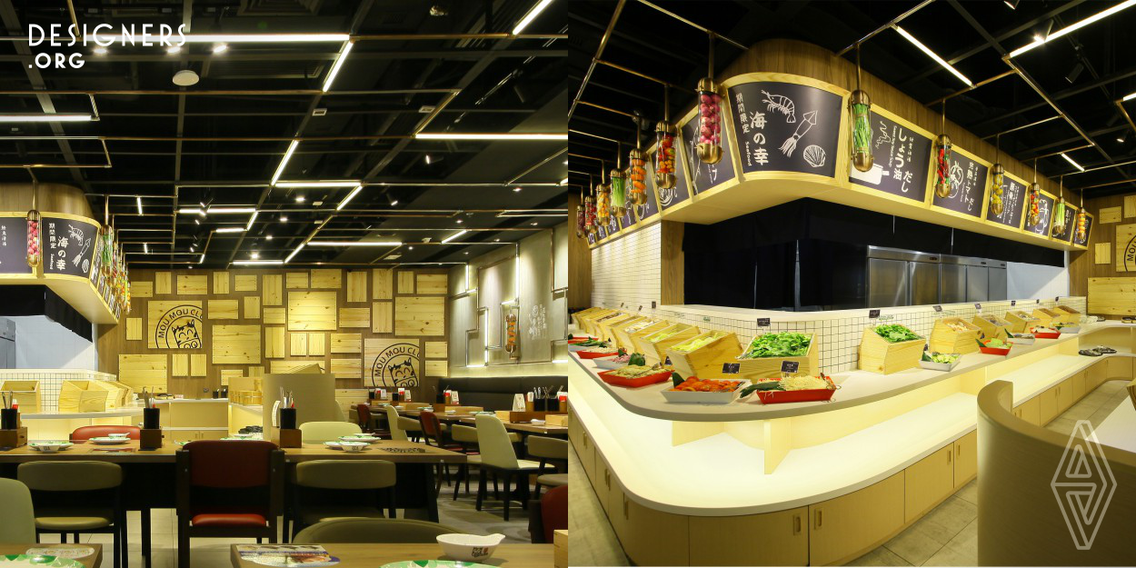 Being a Shabu Shabu, the restaurant design adopts wood, red and white colours to present a traditional feeling. The use of simple contour lines reserves customers’ visual attention to food and diet messages displayed. Since quality of food is a prime concern, the restaurant is layout with fresh food market elements. Construction materials like cement walls and floor are used to build the market backdrop of a big fresh food counter. This setup simulates real market purchase activities where customers can see food quality before making choices.