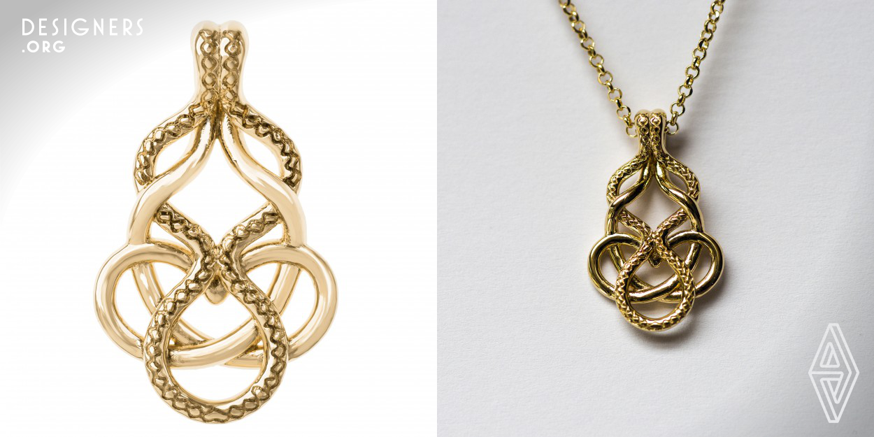 The Eternal Union by Olga Yatskaer, a professional historian who decided to pursue a new career of a jewelry designer, looks simple yet full of meaning. Some would find in it a touch of Celtic jewelry or even a Herakles knot. The piece represents one infinite shape, which looks like two interconnected shapes. This effect is created through grid-like lines engraved over the piece. In other words - the two are bound together as one, and the one is a union of the two...