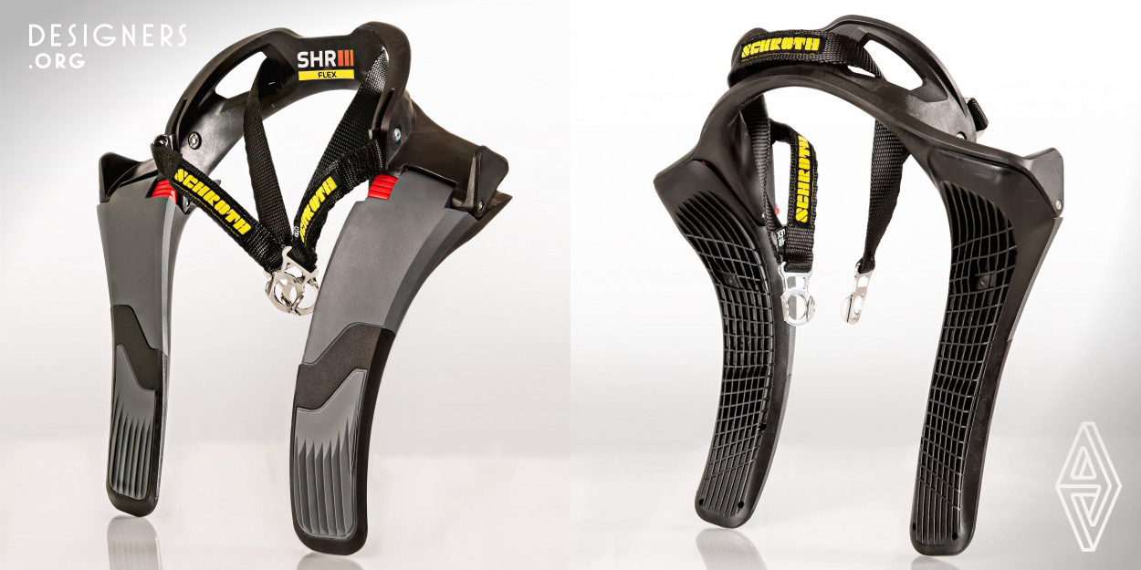SHR Flex is a Frontal Head Restraint. It protects racers from severe or fatal upper neck injuries in high impact crashes. Its unique articulated low profile collar and body contouring flexible foundation affords racers an unprecedented level of safety, comfort and fit. The design automatically adapts to any body type and seating configuration. It is unobtrusive until crash kinematics transform it into a biomechanical optimized restraint configuration. SHR Flex’s market success demonstrates the merits of a new design led scientific approach in an area previously mired in 20 year old thinking.
