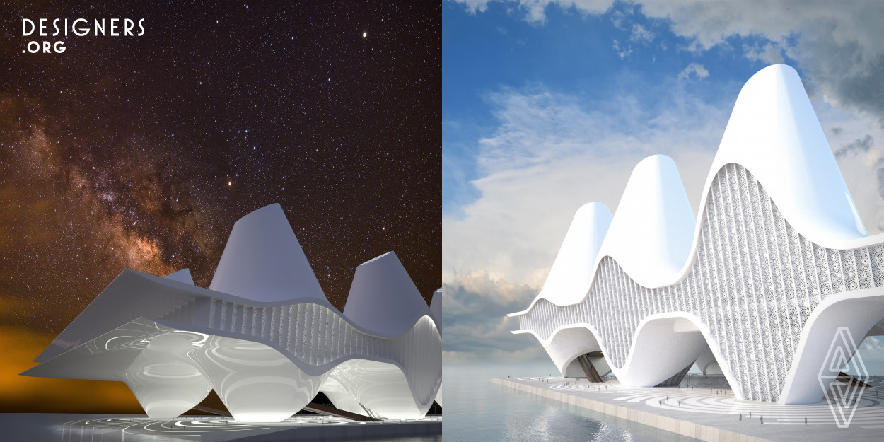 With a sensitive implementation on the site, the building becomes a continuation of the sea through a lifted platform serving as a Prayer Hall that expands towards infinite. Fluid formations refer to the motion of the sea in an effort to connect the Mosque to the surroundings. The building stands out reflecting the nature of its function and physically manifests the philosophy of the Middle Eastern architecture in a contemporary manner. The resulting exterior creates both an iconic addition to the skyline and a reinvention of typology realized in a modern design language.