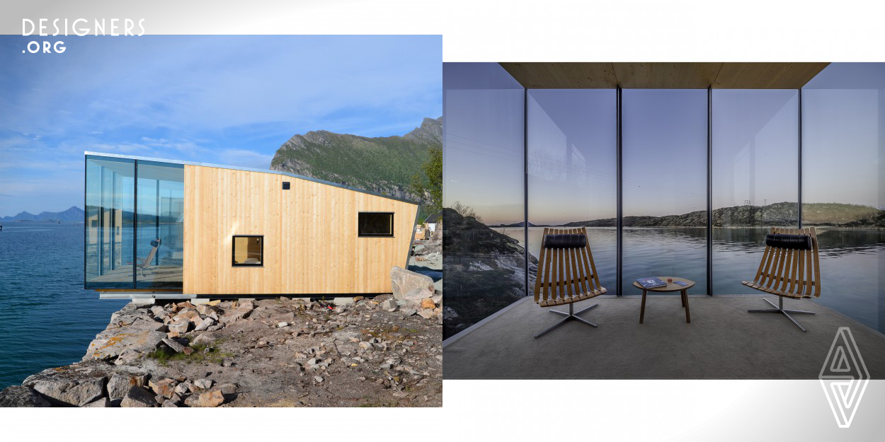The resort off the coast in Northern Norway is situated in an impressive natural scenery, which inspired the conceptual design of the cabins to provide a welcome shelter from the harsh climate, while the cantilevered glass structure gives a feeling of floating on the sea. A naked, but respectful, exposure to the natural elements on the outside. With time and weathering the wood will turn silver grey, like the natural colors of the landscape around. The cabins where carefully placed to provide individual privacy while leaving the existing landscape untouched.