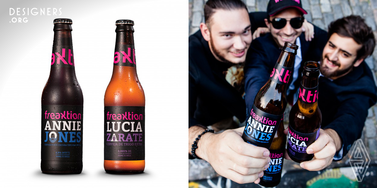 The brand was thought to be different from the category, from the positioning to the design. Differently from the competition, this beer has a typographic visual identity with friction elements on its logo. The use of dark backgrounds contrasted by the magenta color also helps to differentiate it in the craft beer segment, what adds authenticity and modernization, at the same time, a classic aspiration of an extremely premium/gourmet product. Its 2 sub-brands use freak characters to amplify the concept. Their colors, icons and and info carry consistency and remembrance to the consumers.