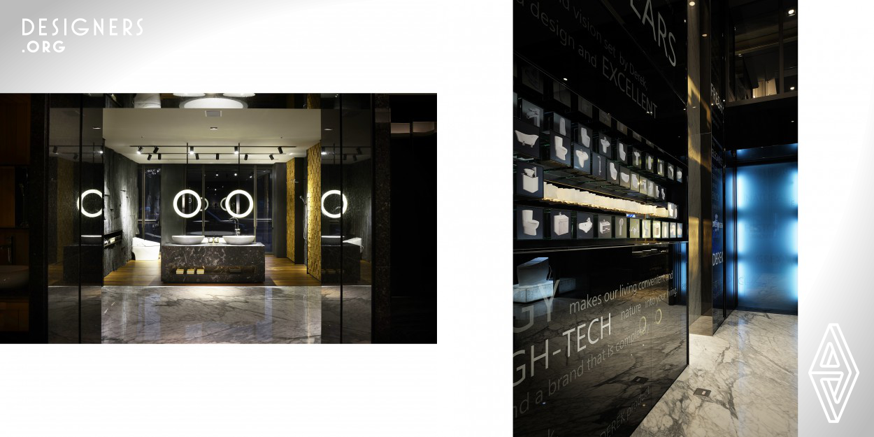 Extending the idea of flowing time, the designer applies the contrast of light and shade and the space of sense and sensibility in the exhibition hall, the place of atrium that is matched with black glossy walls and white marble polished floor. The wall surface is decorated with the scattered key words and the product figures, the design that let the visitors instantly concentrate and feel the idea and core value in this company when coming into the exhibition center. 
