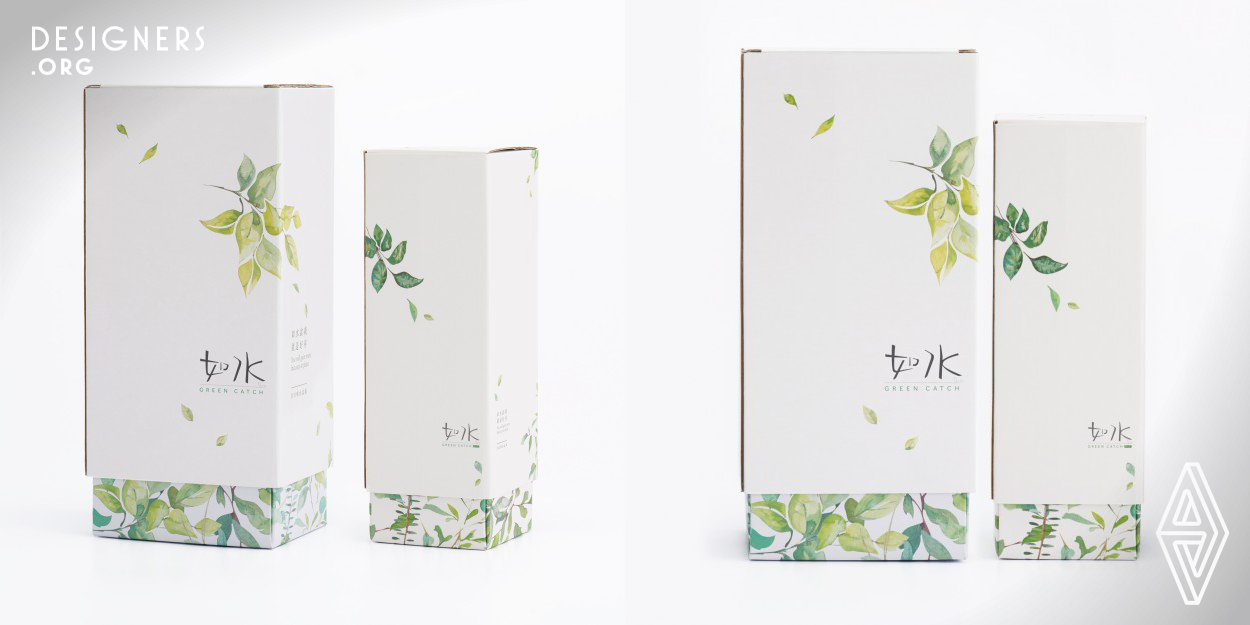 The packaging for Green Catch has been designed for potted plants and consists of two simple layers. Considering that these goods are mainly sold online, the packaging has to protect the plants and their glass vessels during transport. In order to display simplicity and ecological awareness, there is no outer packaging. The two parts of the package display beautiful plant patterns in watercolour design. The interior cardboard tray has a small curve matching the shape of the container. When the outer box is lifted up, the interior cardboard tray imitates the process of a plant growing. 