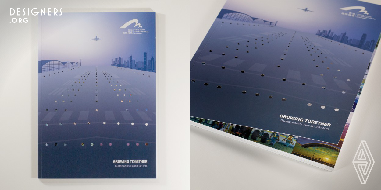 The third annual sustainability report of Airport Authority Hong Kong (AAHK), which is titled “Growing Together”, informs its stakeholders and the general public of its sustainability performance and management approach during the fiscal year 2014-15. The cover design features an airport runway with one-point perspective. It also consists of the images of the airport terminals and iconic buildings of Hong Kong on the two diagonal lines. As a continuity of the dots on the cover page, colour patches are used throughout the report with a specific colour for each chapter. 