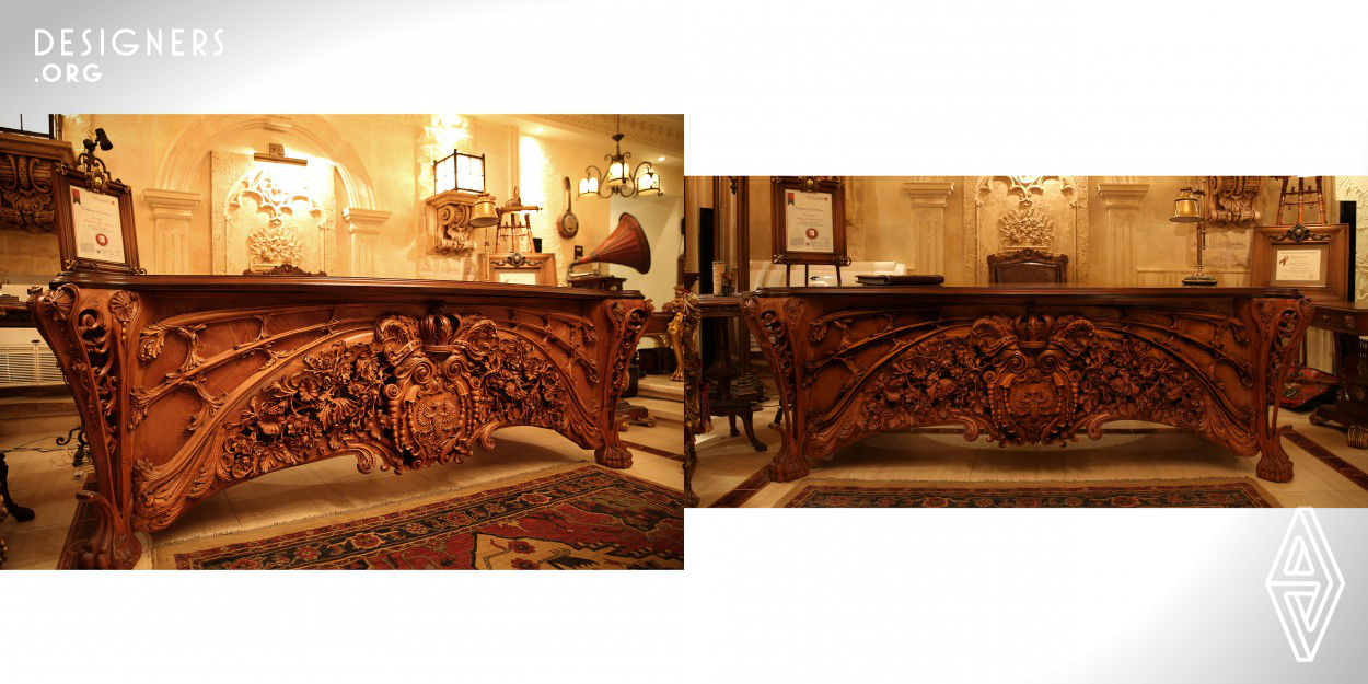 Art Nouveau Desk is a masterpiece that has been created from different types of reflected arts from different eras. The desk is produced of massive handmade carved beech wood with flawless curves in sinuous and organic forms with the implementation of handmade Boulle and veneer marquetry attributed to André Charles Boulle (1642-1732)