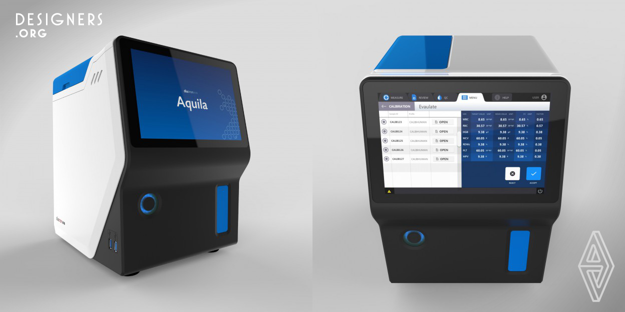 This cleverly and beautifully designed device has the ability to speed up the clinical practice of blood testing and reduce healthcare costs. It's easily transportable thanks to its rather small size and frees up desk space in laboratories. Due to its user friendly interface it's an optimal solution for even inexperienced users. While retaining a characteristic look and feel, Aquila has a simple, attractive and functional appearance. 