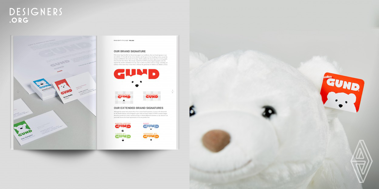GUND was known in the industry as the first teddy bear manufacturer in the US to truly capture emotion and facial expression in their product shots of plush toys. This new brand identity design pays homage to the company’s tradition by means of a friendly and playful trademark, which draws focus on the most emotionally expressive elements of GUND’s products. This flexible visual system emphasizes the intangible qualities of the company’s work over the physical, reflecting the emotional investment that develops among their consumers. 
